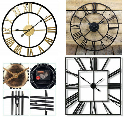 Garden Wall Clock Metal Large Skeleton Roman Numeral Home Open Face Round Clocks