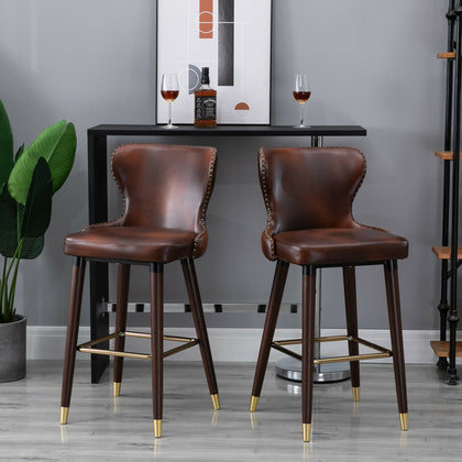 HOMCOM 2 Pieces Luxury Bar Chair, PU Leather European Style, Brown and Golden