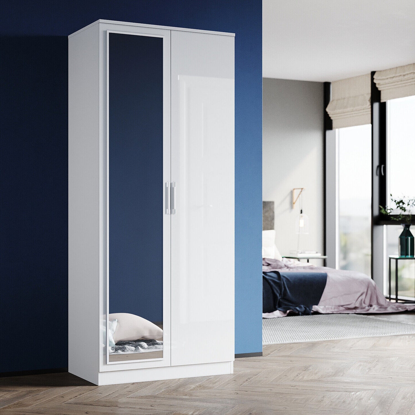 High Gloss 2 Door Wardrobe Bedroom Furniture Storage with Mirror Hanging Rail