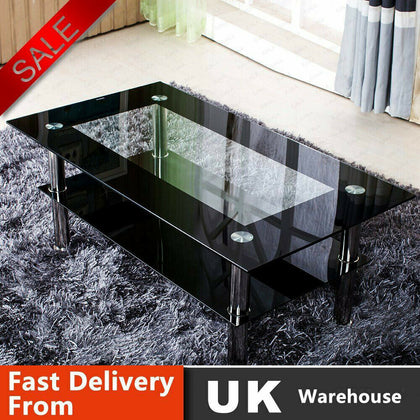 Black Glass Coffee Tea Table Modern Clear Living Room Chrome Legs Black Modern