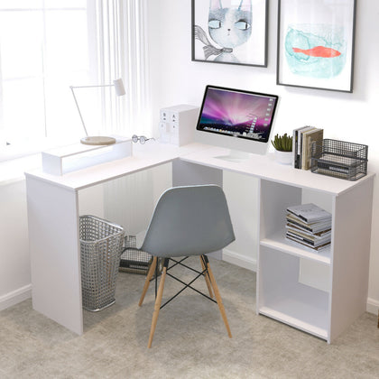 L-Shaped Corner Computer Desk Office Workstation Table W/ Storage Shelf White
