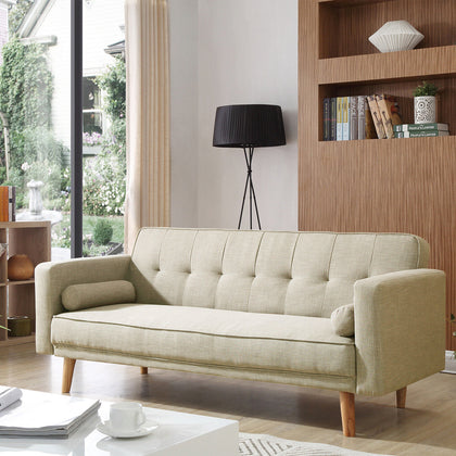 3 Seater Cream Sofa Bed Fabric New Foam Wood Legs Double Bed with 2 Cushions