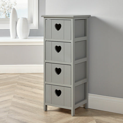 Grey Wooden 4 Drawer Chest Storage Unit Bedroom Organiser Bedside Love Hearts