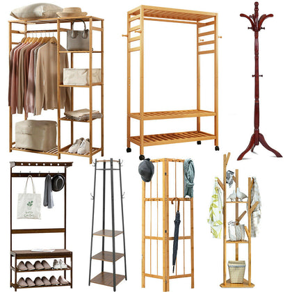 Wooden Clothes Rail Garment Hanging DIsplay Stand Shelves Freestanding Bedrorom