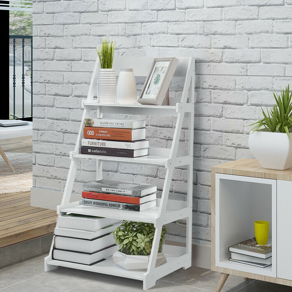 4 Tier Wooden Ladder Shelf Book Shelves Display Unit Free Standing UK Seller