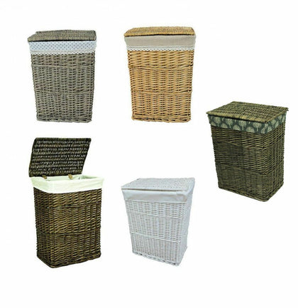 Lidded Wicker Linen Laundry Bin Basket with Cotton Liner