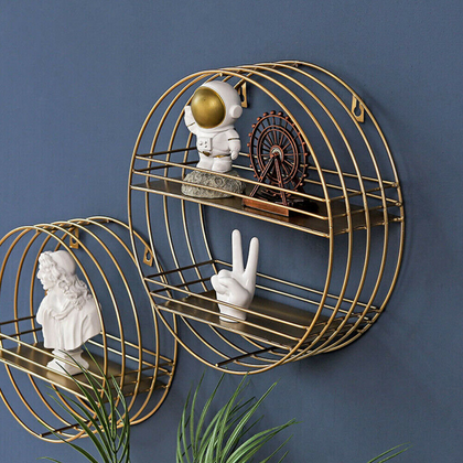 Vintage Round Shelves Metal Wall Shelf Unit Display Storage Rack Cabinet Gold UK