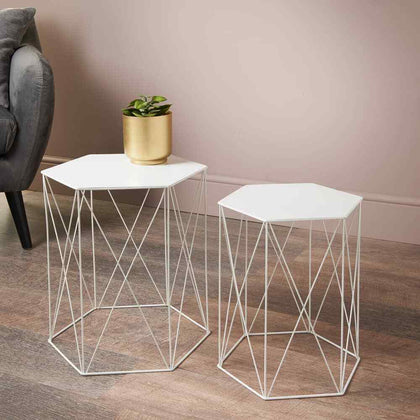 Set of 2 Side Tables White Contemporary Hexagon Design Coffee Malvern FREE P&P
