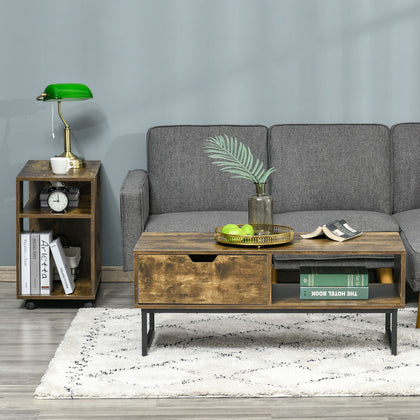 Industrial Coffee Table with Shortage Shelf & Drawer End Table Metal Frame Brown