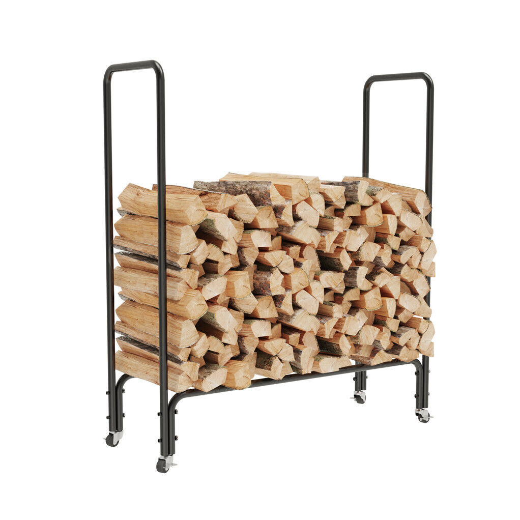 Rolling Log Rack Rust-proof Firewood Rack Holder Steel Firewood Log Cart Carrier Rollin ...
