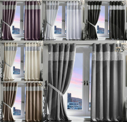 DIAMANTE THERMAL BLACKOUT PAIR CURTAINS READY MADE EYELET RING TOP FULLY LINED