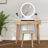 Modern Dressing Table Stool Set Round Makeup Mirror w/LED Lights Wooden 2 Drawer