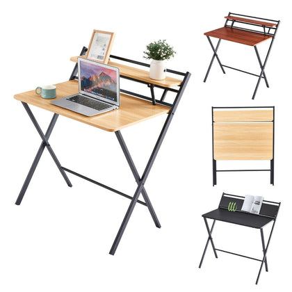 Folding Computer Desk Wooden Study Coffee Table with Shelf Laptop Home Office UK