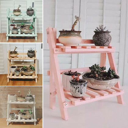 2Tier Bamboo Wooden Plant Flower Floor Stand Shelves Rack Storage Desktop Office