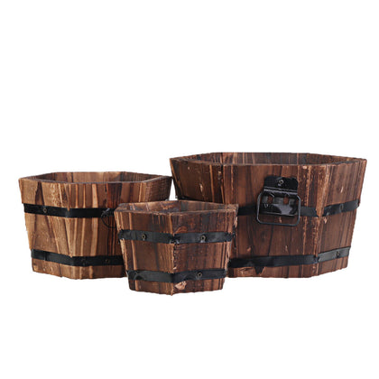3PCS S/M/L Wooden Plant Planter Hexagon Flower Pot Rustic Style Garden Barrel