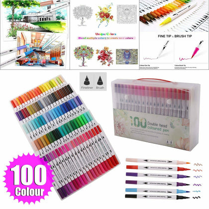 100 Colour Dual Tip Brush Pens w/Fineliners Art Markers Drawing Kids Girls Gift