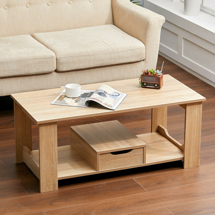 2Tier Coffee End/Side Table Wood Grain Design w/ Storage Drawer Shelf LivingRoom