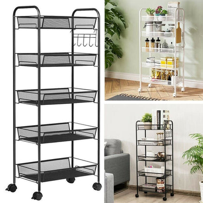 White Black 5 Tier Mesh Rolling Cart Trolley Storage Rack Wheel Kitchen/Bathroom