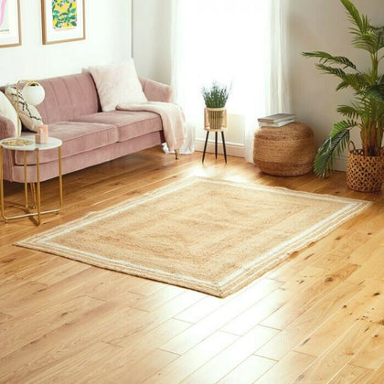 Jute Area Rug Rectangular Carpet Living Room Mat 155x220cm Border Rug