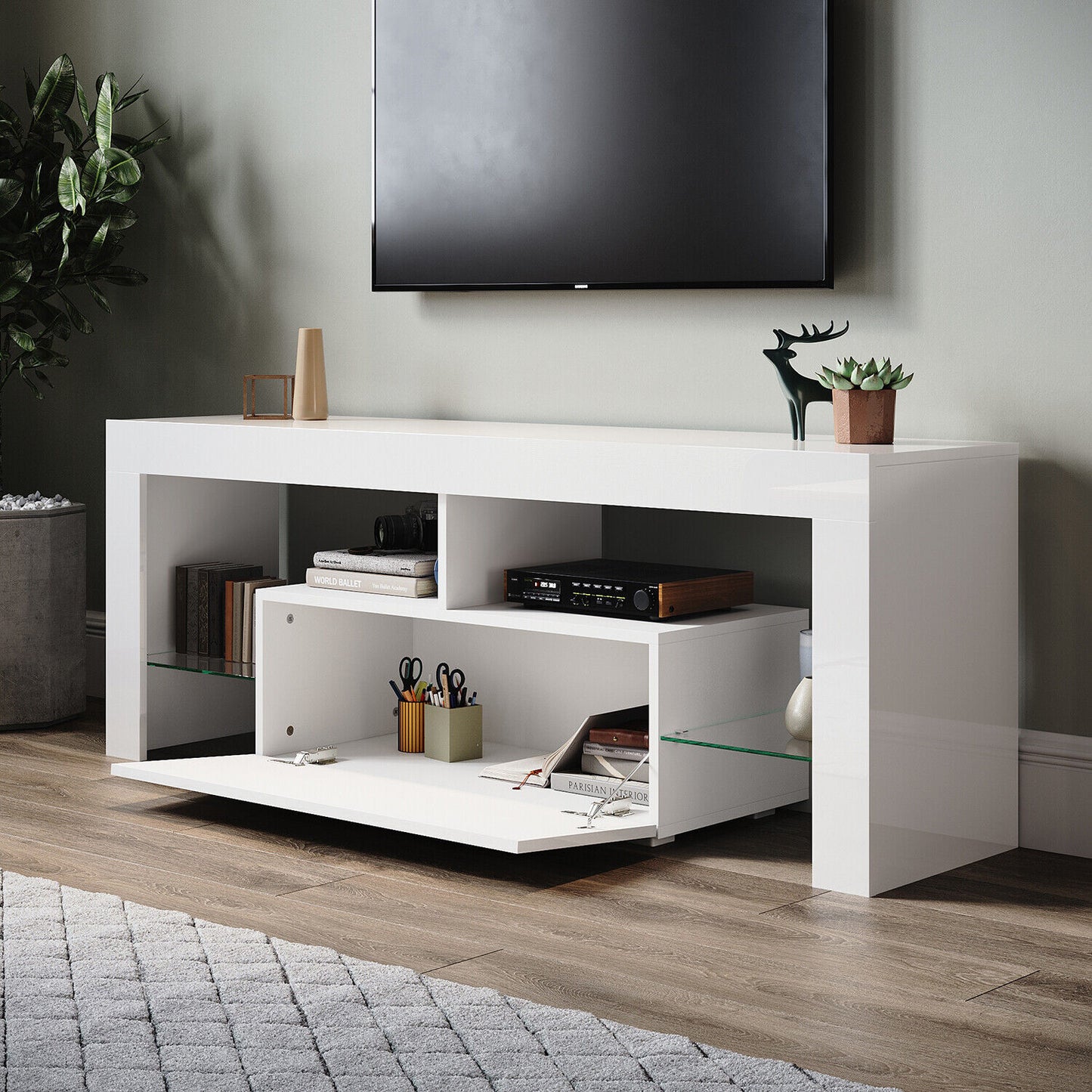 High Gloss White 140cm TV Stand Cabinet Unit Drawer Sideboard with LED Lights