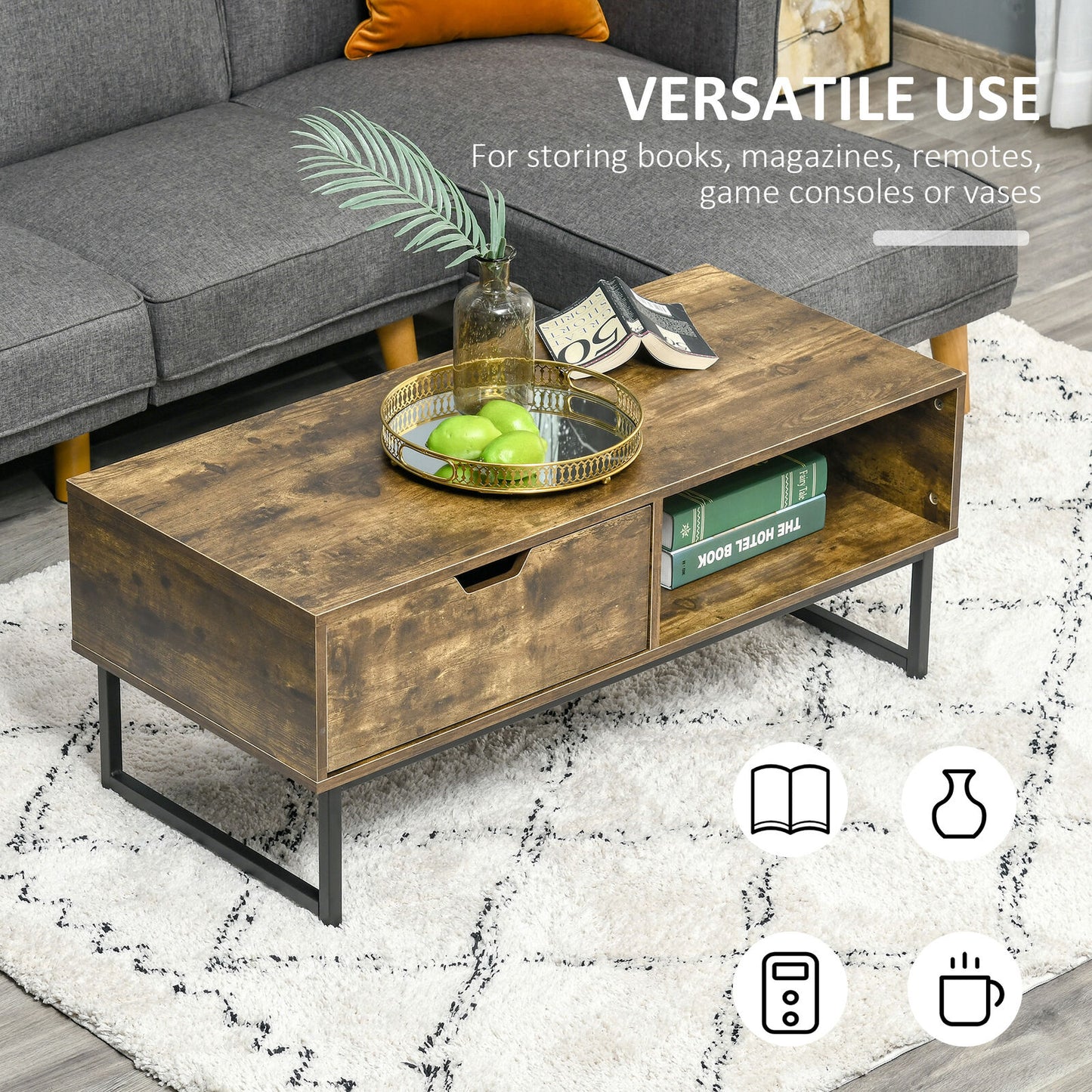Industrial Coffee Table with Shortage Shelf & Drawer End Table Metal Frame Brown