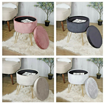Round Velvet Ottoman Footrest Stool Compact Vanity Seat With Storage And Lid