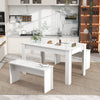 3 Pcs Modern Dining Table Set Table and 2 Bench Marble Look Kitchen Home White