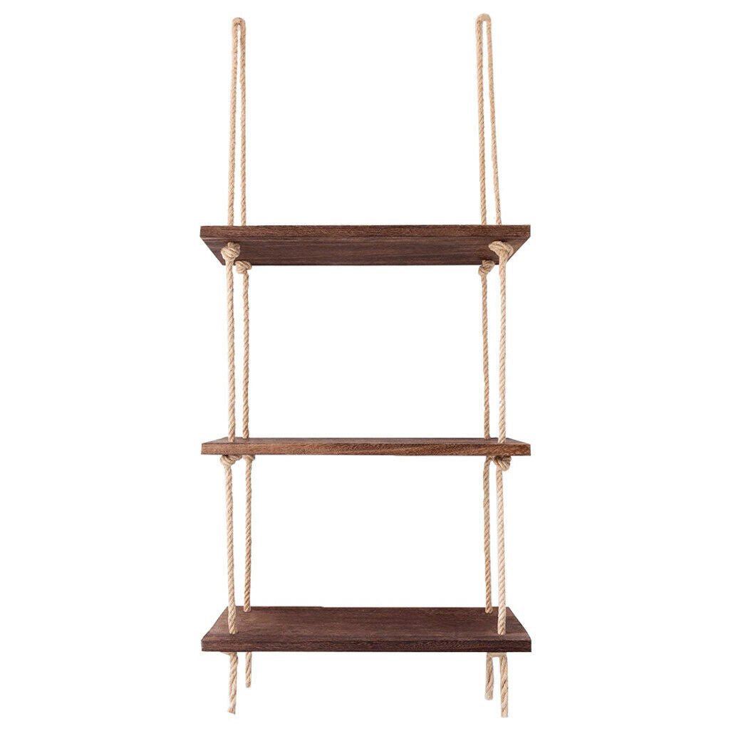 Nostalgic 3 Tier Shelf Wall Hanging Shelves Natural Rope Wooden Floating Shelves