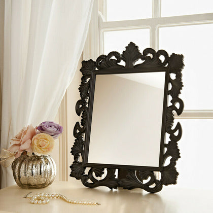 Vintage Fabulous Black Ornate Rectangle Dressing Table Mirror Plastic Frame 50cm