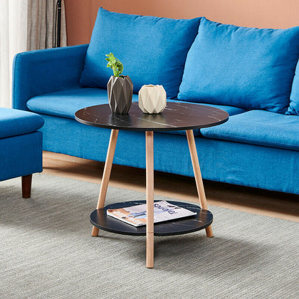 2 tier Small Side Sofa Table with Storage Shelf for Living Room Marble Effect BN