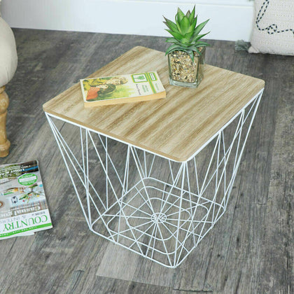 WHITE METAL WIRE WOODEN SQUARE TABLE STORAGE BASKET LOFT LIVING HOME FURNITURE