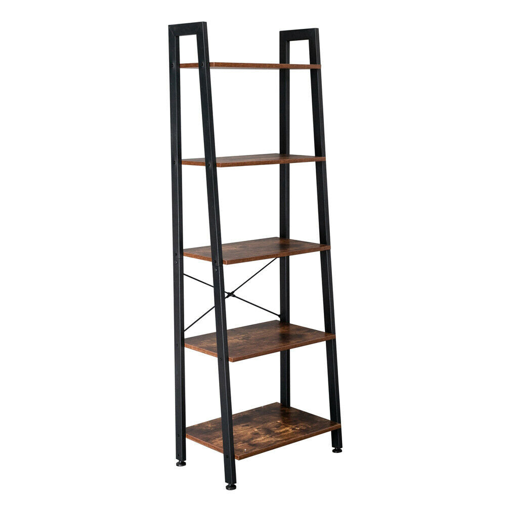 5-Tier Ladder Shelf Bookshelf Bookcase Plant Stand Book Storage Rack Metal Wood