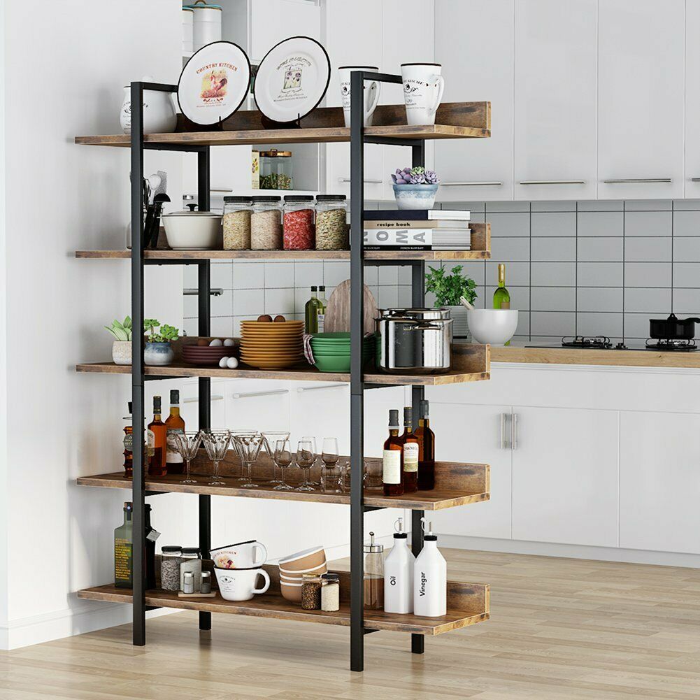 Living Room Industrial 5 Tier Bookshelf Office Etagere Bookcase with Back Fence