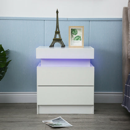 2 Drawers Bedside Table LED Nightstand High Gloss Modern Bedroom Chest Cabinets