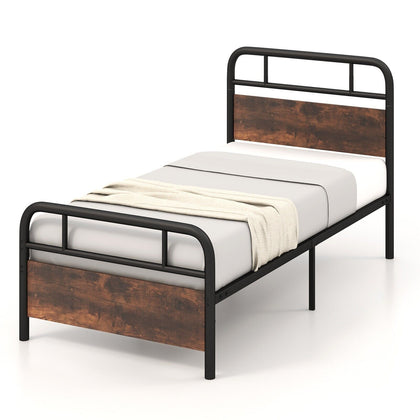 Single Size Bed Frame Platform Metal Slats Support Bed W/ Industrial Headboard
