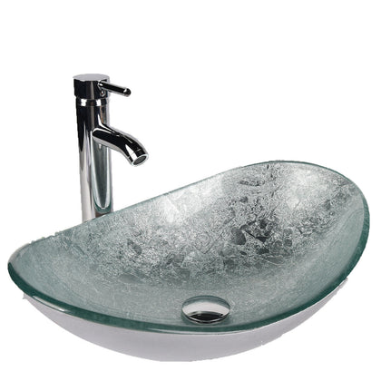 Bathroom Glass Counter Top Silver Basin Cloakroom Hand Wash Oval Sink Modern UK