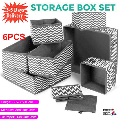 UK Set of 6 PCS Canvas Storage Box Divide Wardrobe Organiser Drawer Socks Tidy