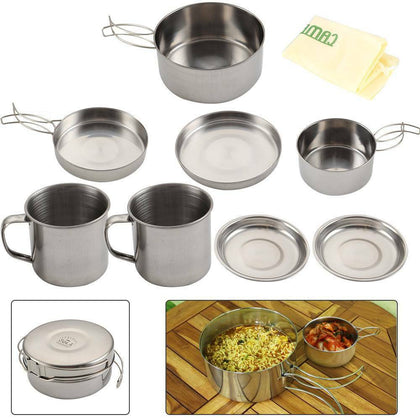 8PC Folding Cooking Picnic Pot Pan Set Outdoor Backpacking Camping Equipment Kit