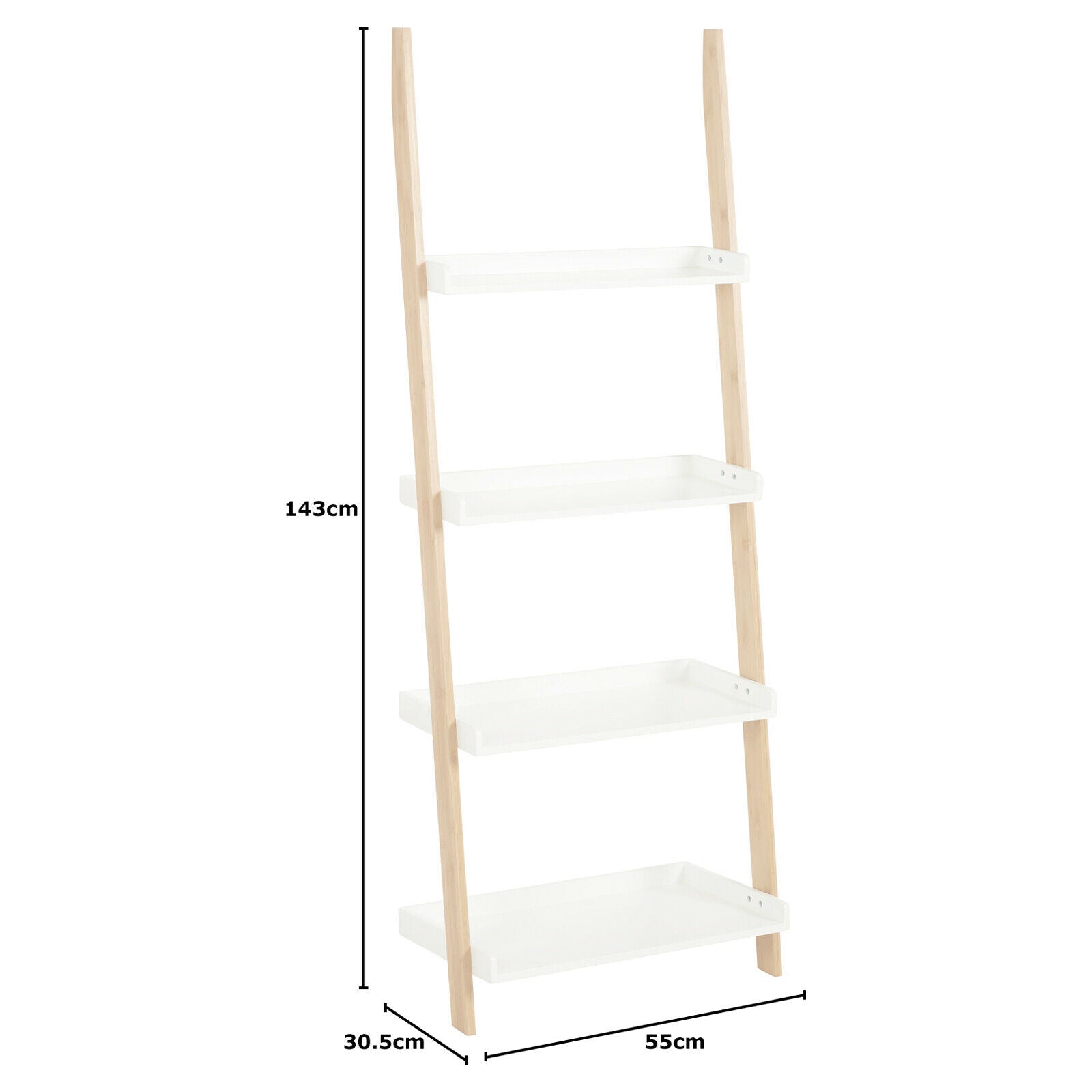 White & Bamboo 4 Tier Modern Ladder Wall Shelf/Bookcase Display Rack