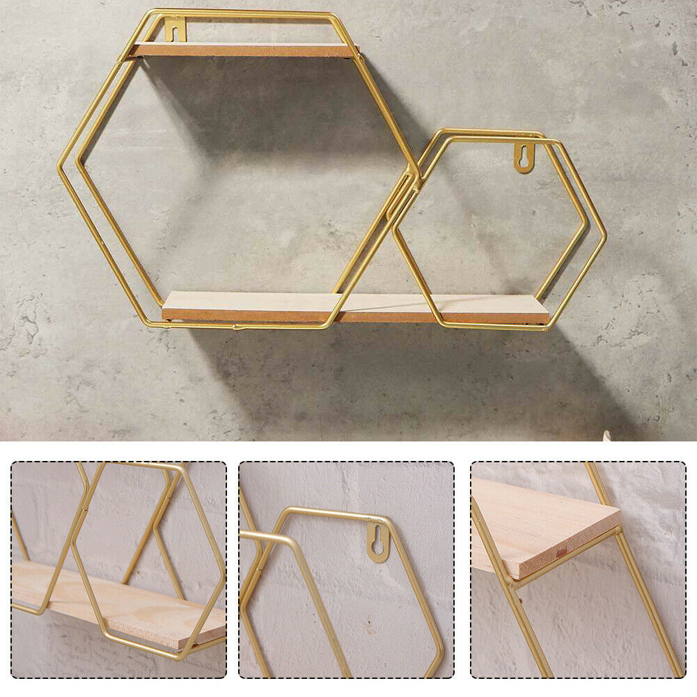 Hexagon Wall Mounted Shelf Display Rack Gold Metal Storage Shelving Home Decor