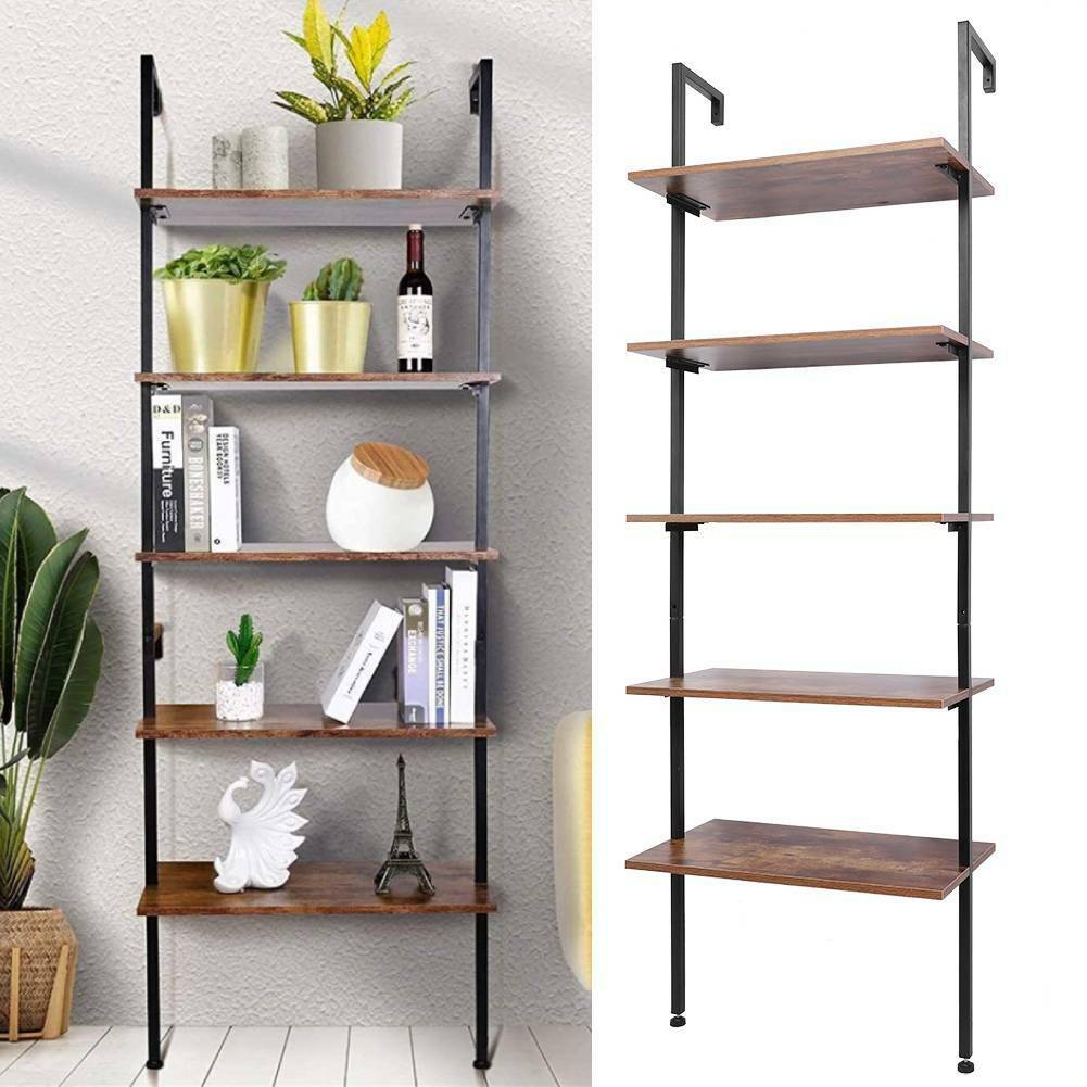 5 Tier Ladder Wall Shelf Storage Display Bookcase Leaning Living Room Metal Wood