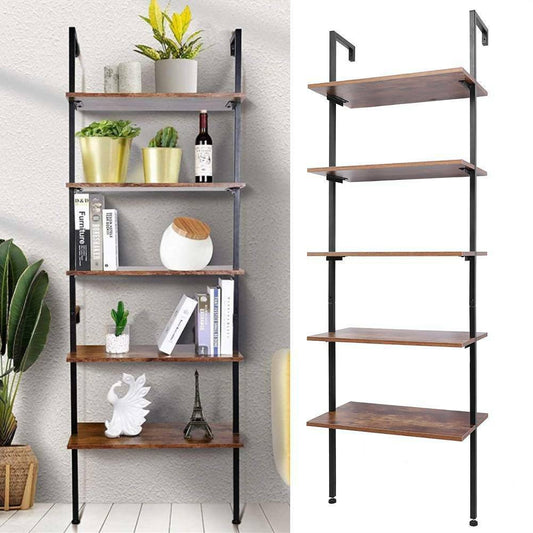 5 Tier Ladder Wall Shelf Storage Display Bookcase Leaning Living Room Metal Wood