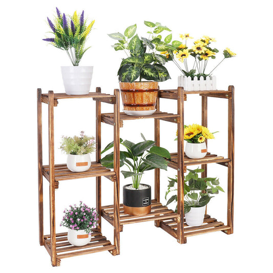 Premium Wood Plant Stand Carbonized 8 Tiered Corner Plant Rack Garden Tall Shelf
