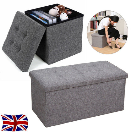 GREY LINEN LARGE FOLDING STORAGE OTTOMAN POUFFE SEAT FOOT STOOL STORAGE BOX UK