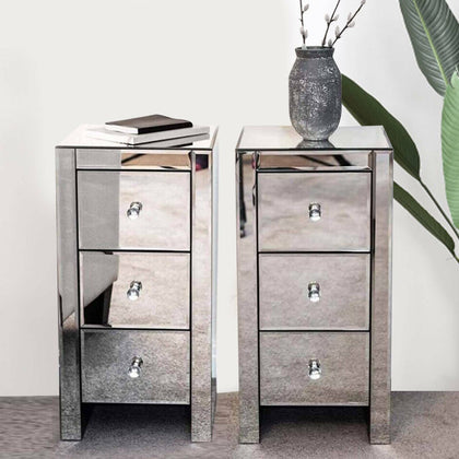 2PCS Glass Mirrored Bedside Tables Crystal Bedroom Side Drawer Storage Cabinet