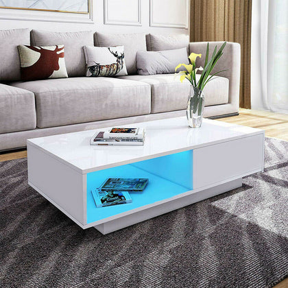 Modern High Gloss RGB LED Coffee Table With Storage Drawers Living Room Wooden