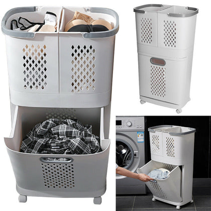 2 Tier 3 Laundry Basket Hamper Trolley Cart Washing Clothes Sorter Storage Bin