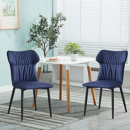 2X Blue Dining Chairs Faux Leather Ergonomic Back Soft Cushion With Metal Legs