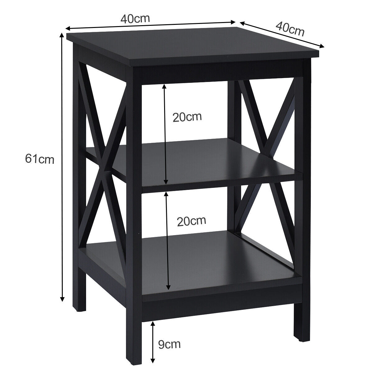3-tiers Bedside Table X-design Nightstand End Table Wooden Bedroom Storage Table
