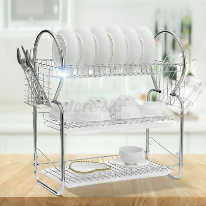 3 Tier Kitchen Dish Drainer Rack Plate Bowl Cutlery Sink Tool Holder D